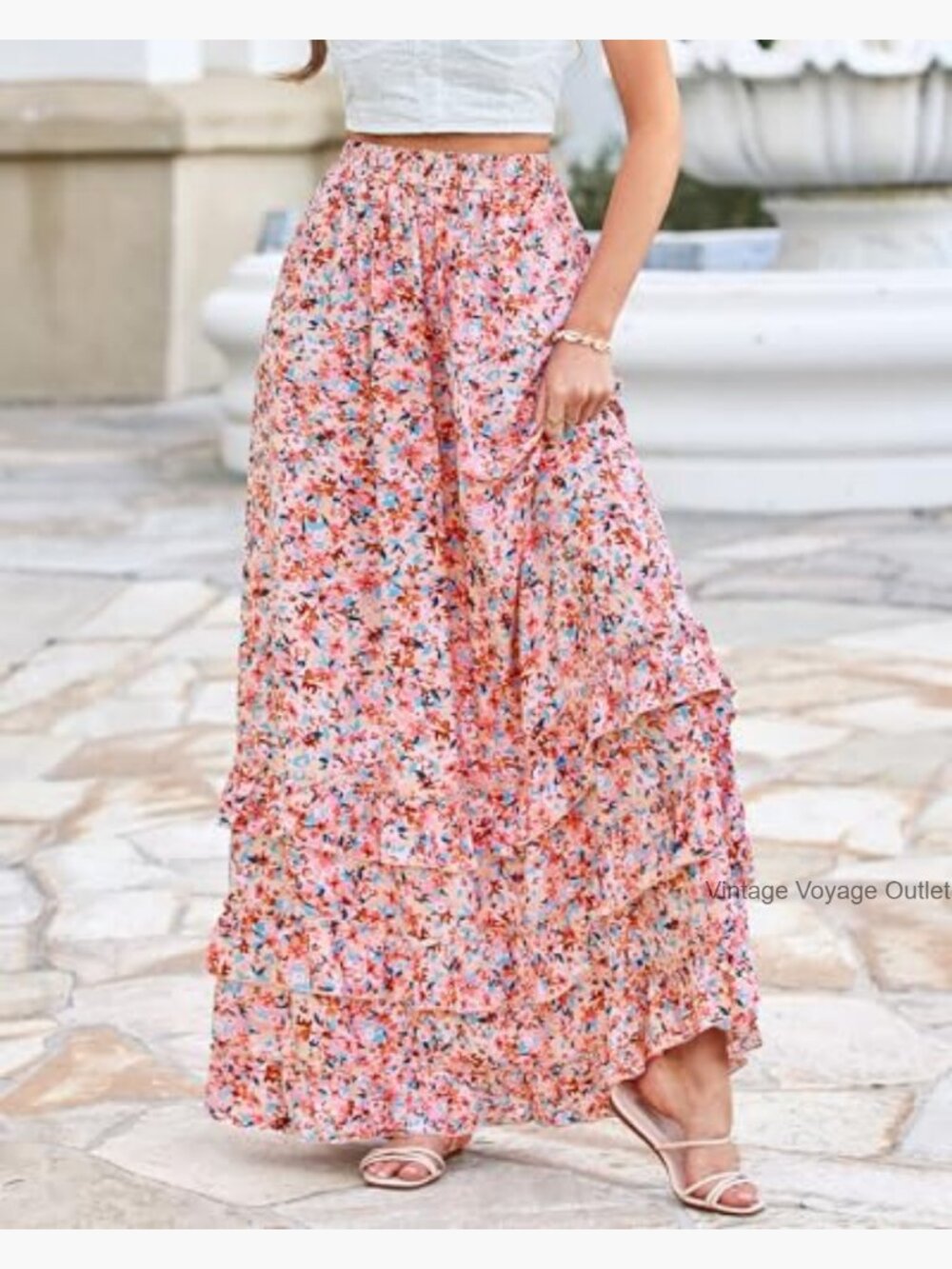 Maxi Skirt with Elastic Waist Floral A-Line Ruffle Tiered Wedding Guest - Picture 3 of 7
